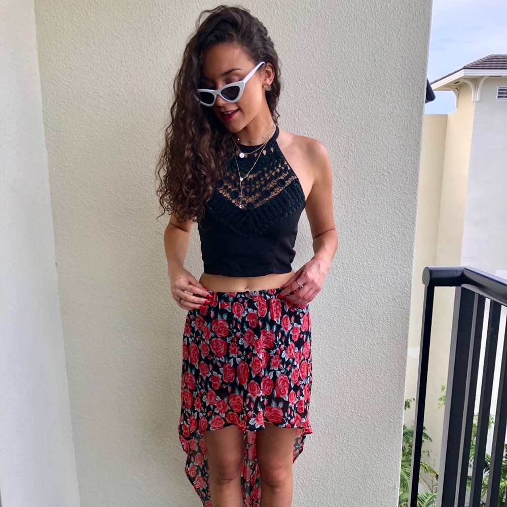Rose Print High Low Skirt